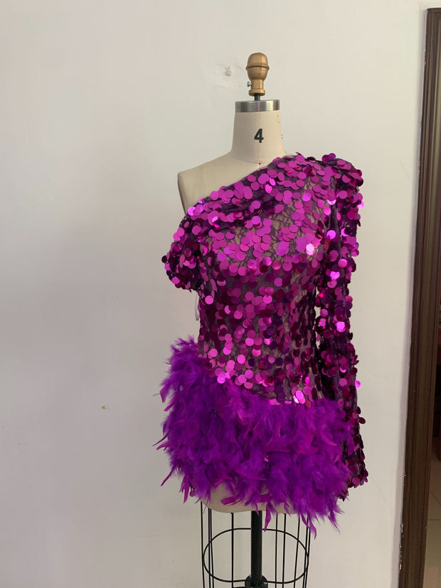 Purple Sequined Feather Skirt One-shoulder Sleeve Luxury Party Stage Performance Dress