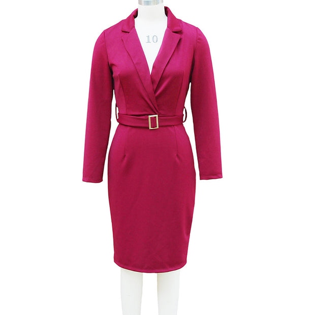 Women's Solid Color Blazer V-Neck Dress With Belt - Slim Fit Formal Midi Dress For Spring&Fall