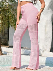 Women's Boho Crochet Beach Cover-Up Pants – Sheer High-Waist Swimwear with Drawstring