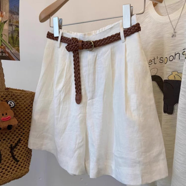 Women's Fashionable Slimming Woven Belt Linen Shorts
