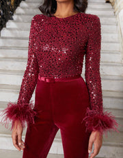 New Fashion Feather Sequin Patchwork Jumpsuit