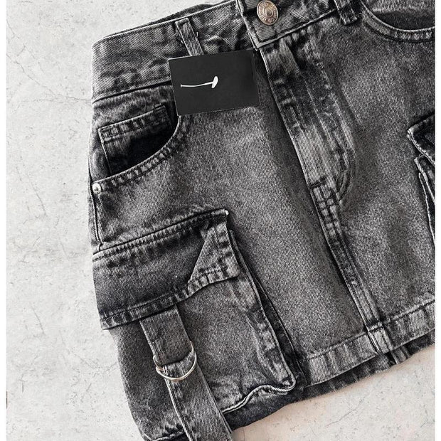 Multiple Pockets Denim Plaid Skirt Vintage Goth Black Y2k