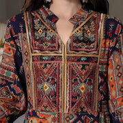 Women’s Middle Eastern Boho Maxi Dress – Geometric Print, V-Neck & Embroidery