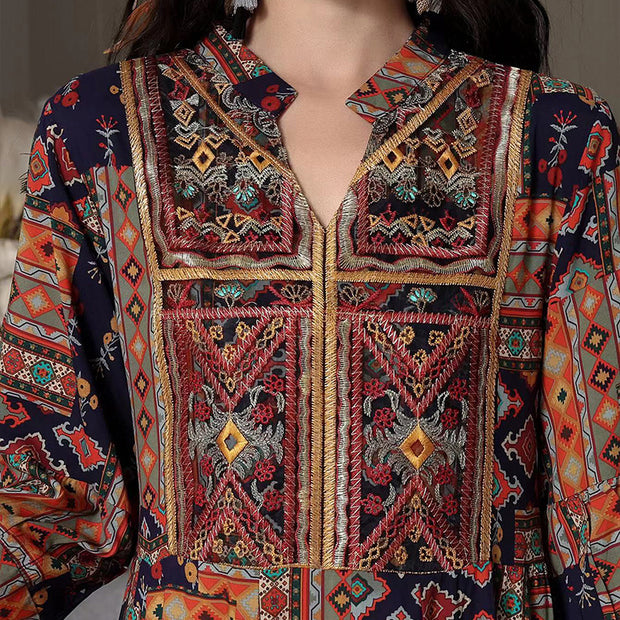 Women’s Middle Eastern Boho Maxi Dress – Geometric Print, V-Neck & Embroidery