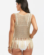 Japanese Style Hollow Cross Tassel Beach Cover-up