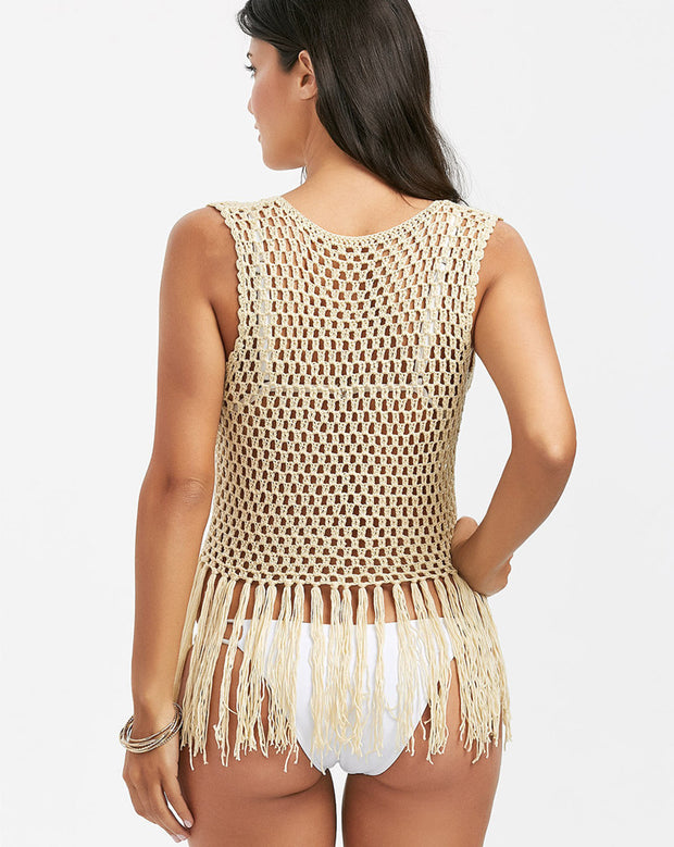 Japanese Style Hollow Cross Tassel Beach Cover-up