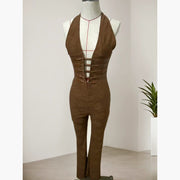 Sexy Lace Trousers Deep V Bandage Lace-up Halter Jumpsuit 1111