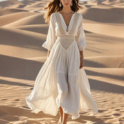 Women's Solid Color Deep V-Neck Long Sleeve Translucent Stitching Design Maxi Beach Bohemian Style Dress 111