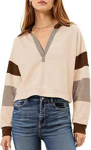 Women’s Color Block Long Sleeve Crop Top – V-Neck Polo Pullover Sweatshirt