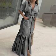 Women’s Striped Button-Down Maxi Shirt Dress – Tie Waist, Short Sleeves & Pockets