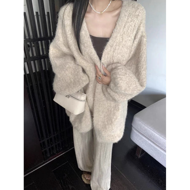 Autumn And Winter Loose Alpaca Fleecefiber Knitted Cardigan