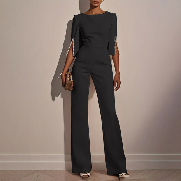Women’s Round Neck Jumpsuit – Mid-Sleeve with Pearl Accents & Back Zipper