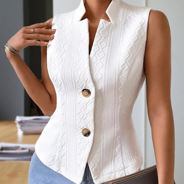 Women’s Sleeveless Stand Collar Vest – Ribbed, Button-Detail Outerwear