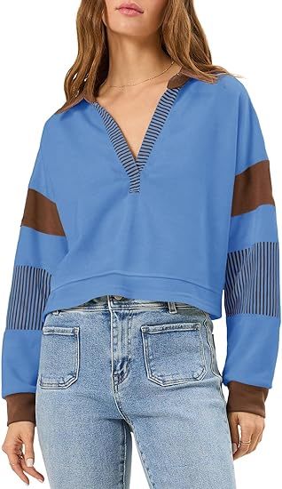 Women’s Color Block Long Sleeve Crop Top – V-Neck Polo Pullover Sweatshirt