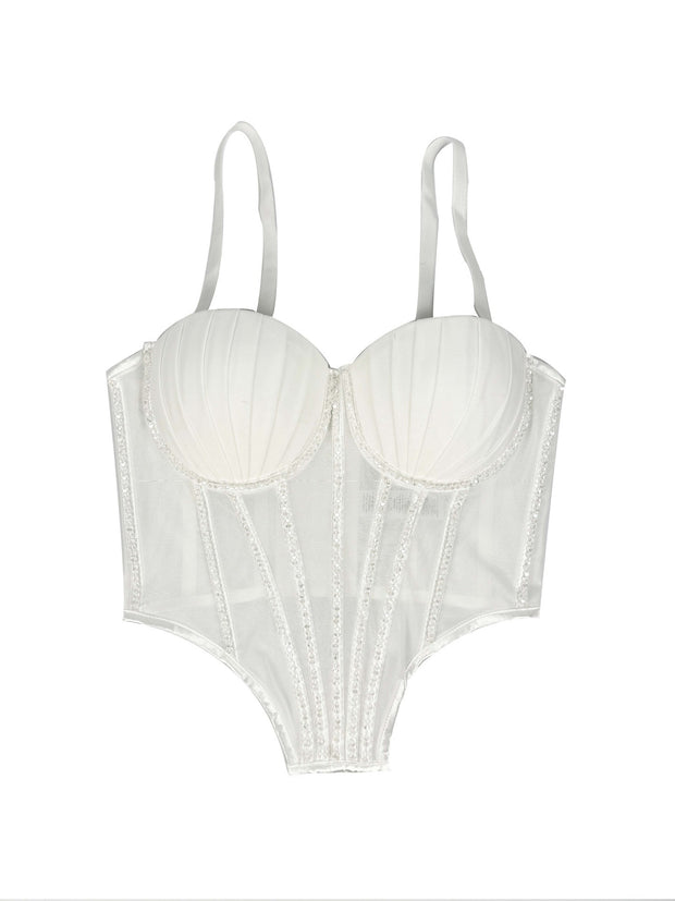 Sexy Mesh Rhinestone Bustier – Braces, Breast Pads & Fishbone Support