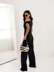 Women’s Elegant Straight-Leg Jumpsuit – Falling Straps, Side Zipper