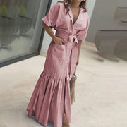 Women’s Striped Button-Down Maxi Shirt Dress – Tie Waist, Short Sleeves & Pockets
