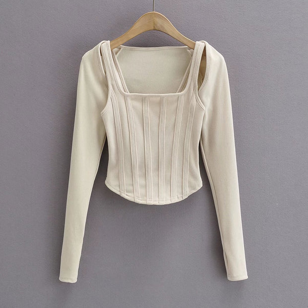 Short Fishbone Vest Waistcoat T-shirt Long Sleeve Two-piece Set