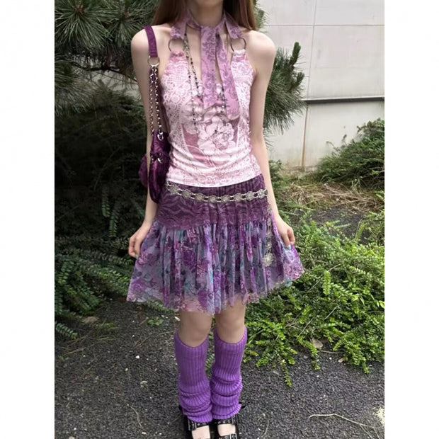 Retro Romantic Pattern Halterneck With Suspenders Vest