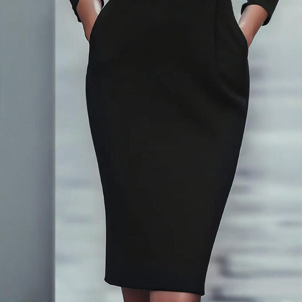 Women's Black Long Sleeve V-Collar Bodycon Dress With Belt Detail & Pockets - Formal Midi Dress For Fall Spring 111