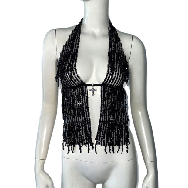 Halterneck With Suspenders Top Sequined Lace-up Tight Vest