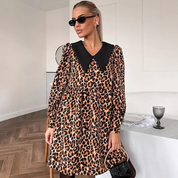 Leopard Print Printing Lapel Stitching Dress European And American 111