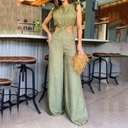 Women’s Ruffled High-Waist Jumpsuit – Round Neck, Loose Fit