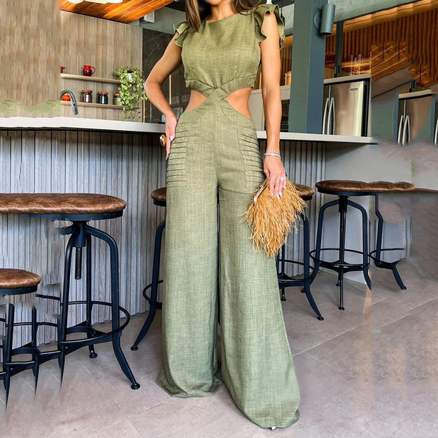 Women’s Ruffled High-Waist Jumpsuit – Round Neck, Loose Fit