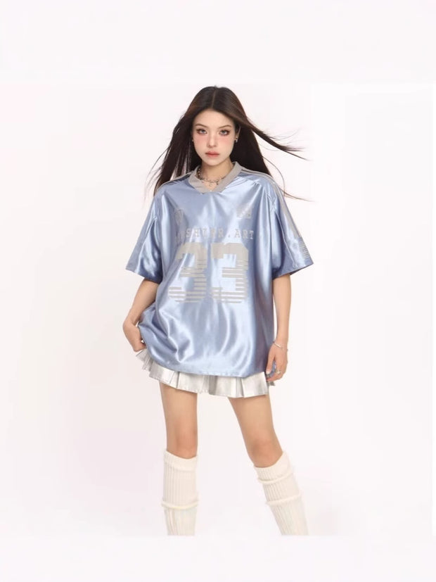 Trending Retro V-neck Splicing Letter Print Short-sleeve