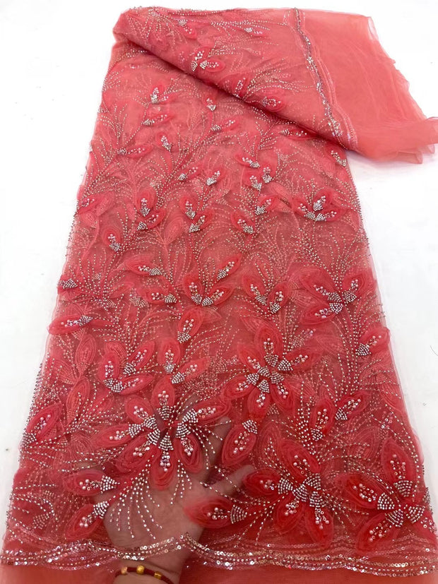 Ribbon Flower Beaded Tulle Lace Fabric Cocktail Party Occasion Evening Dress Embroidered Cloth Lace 1111