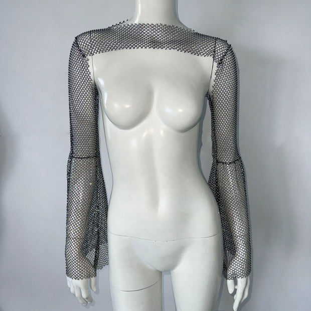 Top Stretch Rhinestone Fishnet Blouse Sling