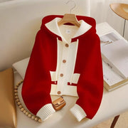Red Hooded Single-breasted Knitted Cardigan Jacket 111