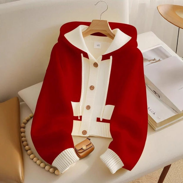 Red Hooded Single-breasted Knitted Cardigan Jacket 111