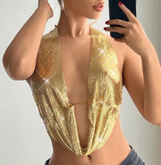 Sequined Top Metal Vest Halterneck With Suspender