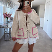 Women’s Contrast Color Knitted Cardigan – Loose Fit with Front Lace-Up & Pockets