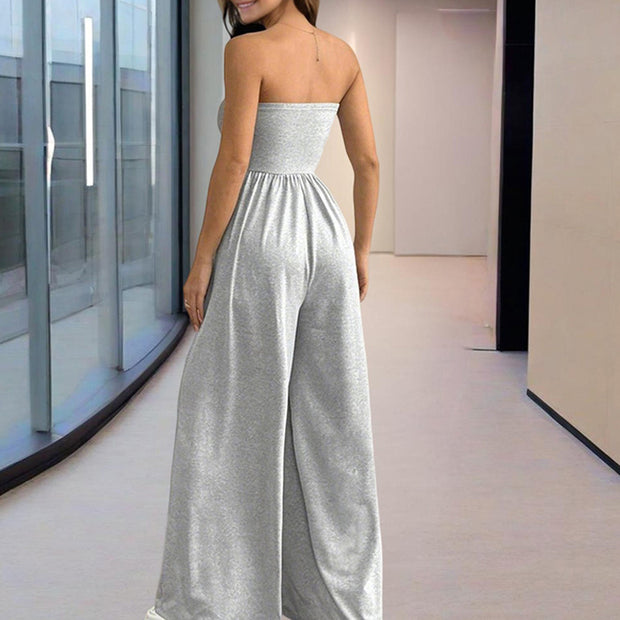 Women’s Strapless Wide-Leg Jumpsuit – Pleated Summer Outfit