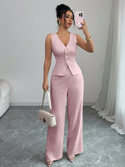 Solid Color Sleeveless Slim Fit Vest High Waist Trousers Two-piece Set