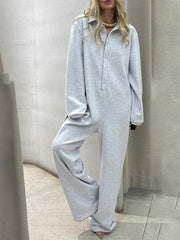 Grey Collared  Long Sleeves Oversized Jumpsuit
