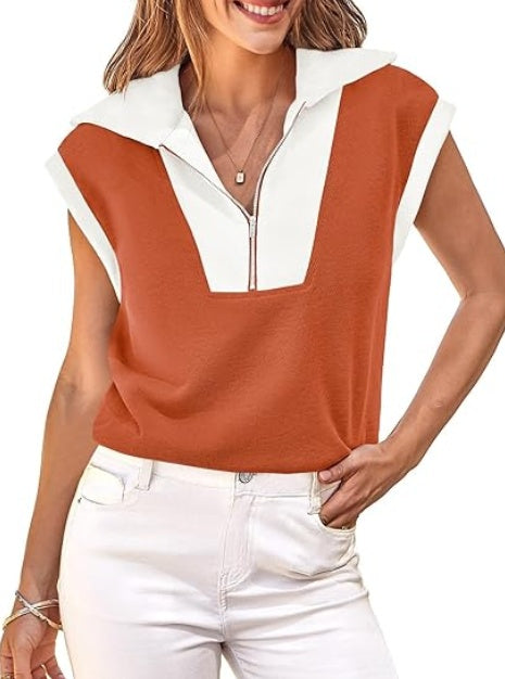 Women’s Color Block Half-Zip Short Sleeve Pullover – V-Neck Summer Top