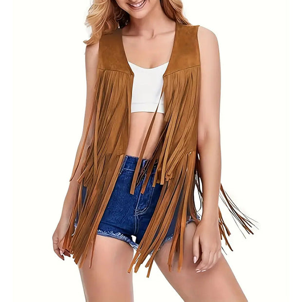 Women’s Fringe Vest – Sleeveless 70s Hippie Faux Suede Tassel Jacket