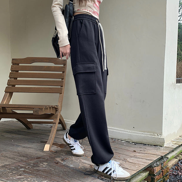 High Waist Straight Large Pocket Loose Drawstring Ankle-tied Sports Pants