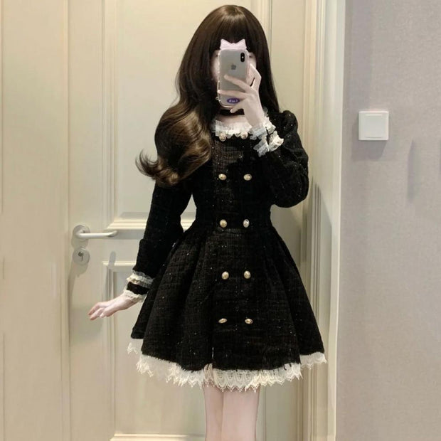 Black Style Ruffled Breasted Long Sleeve Waist Dress
