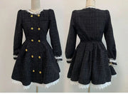 Black Style Ruffled Breasted Long Sleeve Waist Dress