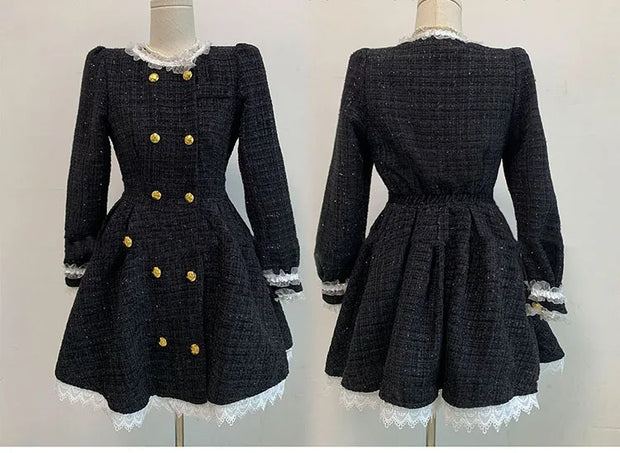 Black Style Ruffled Breasted Long Sleeve Waist Dress