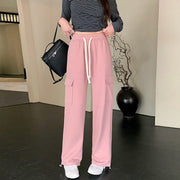 High Waist Straight Large Pocket Loose Drawstring Ankle-tied Sports Pants