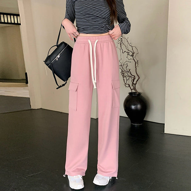 High Waist Straight Large Pocket Loose Drawstring Ankle-tied Sports Pants