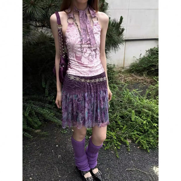 Retro Romantic Pattern Halterneck With Suspenders Vest
