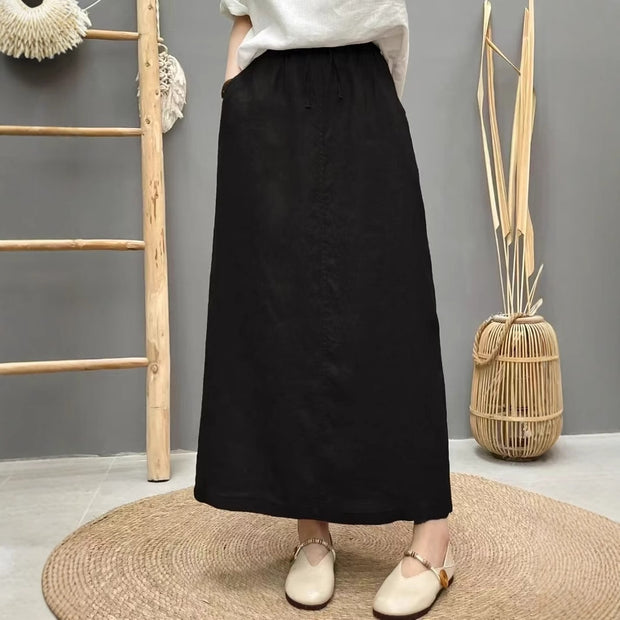 Lace-up Linen Back Slit High Waist Skirt