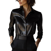 Women's PU Leather Glossy Serpentine Long-sleeved Top