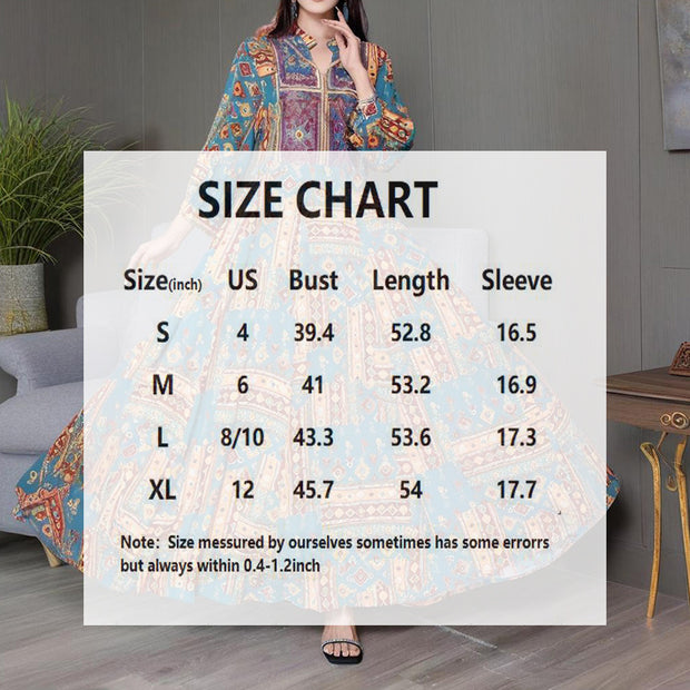 Women’s Middle Eastern Boho Maxi Dress – Geometric Print, V-Neck & Embroidery